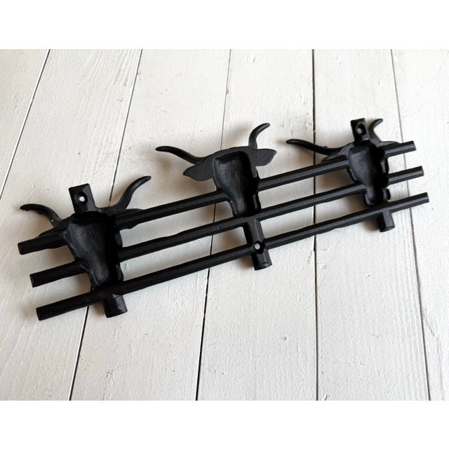Vintage Western Long Horn Bull Iron Wall Coat Rack For Sale - Image 4 of 6