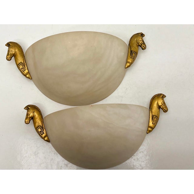 Metal Half Dome Alabaster Wall Lights with Horse Decoration, 1960s, Set of 2 For Sale - Image 7 of 13
