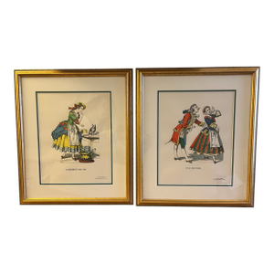 French Epinal Art - 2 Hand Colored Lithos in Gold Gilded Frames With Glass