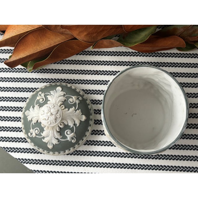 Antique Schafer & Vater Matte Sage Green & White Applied Relief Jasperware Style Lidded Jar For Sale - Image 9 of 10