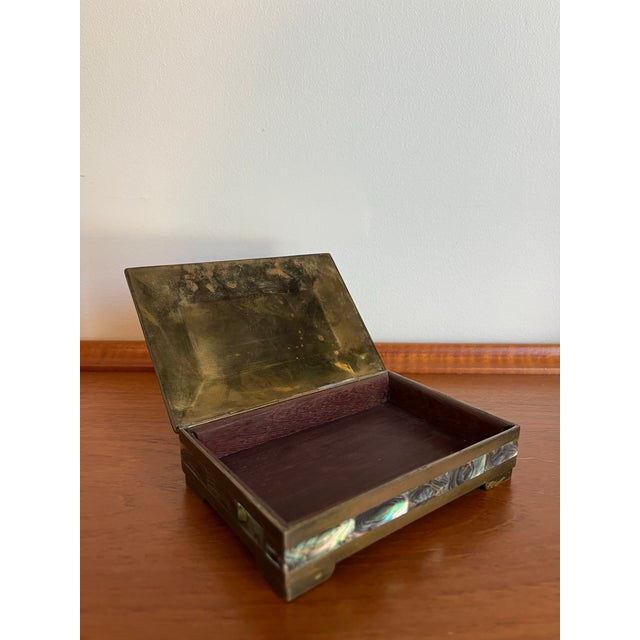 Vintage Taxco Mexico Brass & Abalone Shell Mosaic Jewelry Box, Mid-Century For Sale - Image 4 of 12
