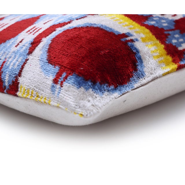 Hand-Knotted Silk Ikat Lumbar Pillow - 16x24 Red & Blue Velvet Accent For Sale In San Francisco - Image 6 of 8