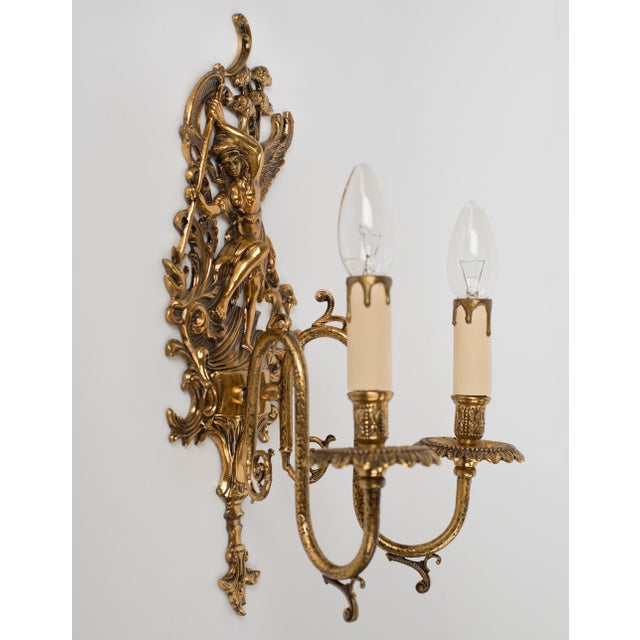 1950s 1950s Spanish Empire Cast Brass Winged Goddess Nike Victory 2-Light Wall Sconces - A Symmetrical Pair For Sale - Image 5 of 12