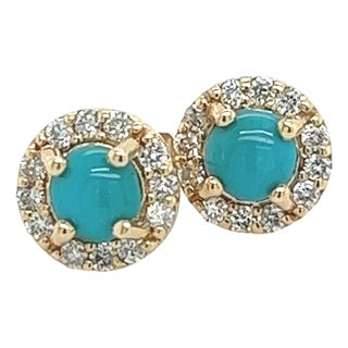 Natural Turquoise Diamond Stud Earrings 14k Yellow Gold 0.65 TCW Certified For Sale