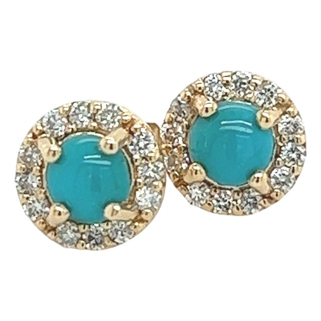 Natural Turquoise Diamond Stud Earrings 14k Yellow Gold 0.65 TCW Certified For Sale