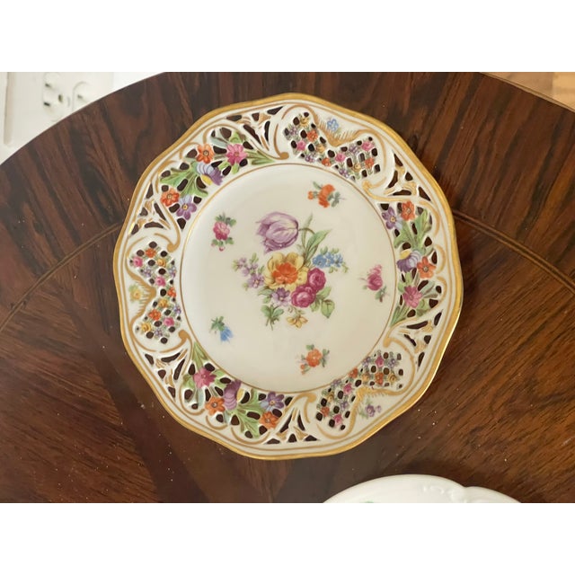 4 pcs Antque international Handpainted florals porcelain reticulated cake stand with demitasse plates- England, Germany...