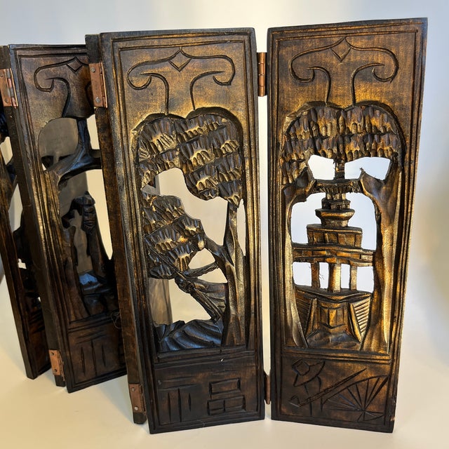 Mid 20th Century Antique Carved Wooden Folding Screen 6-Paneled Hinged Asian Artwork For Sale - Image 4 of 8