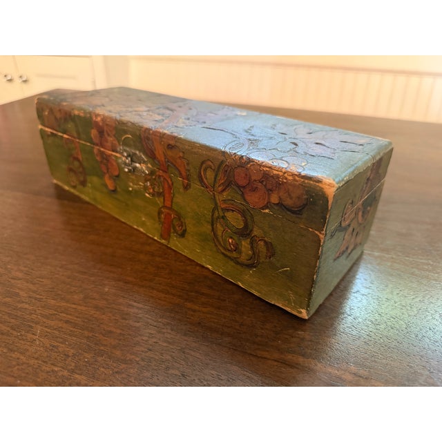Antique 1920's Pyrography Box Grape and Leaf Motif with Green Background. Hinges and Closure hardware intakes and in...