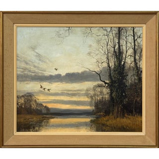 Winter Evening Ducks Flying over Water - English Countryside Vintage British Art 1979 For Sale