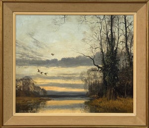 Winter Evening Ducks Flying over Water - English Countryside Vintage British Art 1979