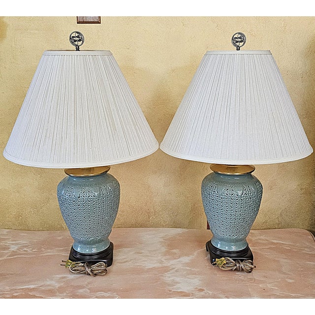 Late 20th Century Reticulated Celadon Chinoiserie Porcelain Table Lamps With Pleated Shades - 29" - a Pair For Sale - Image 4 of 18