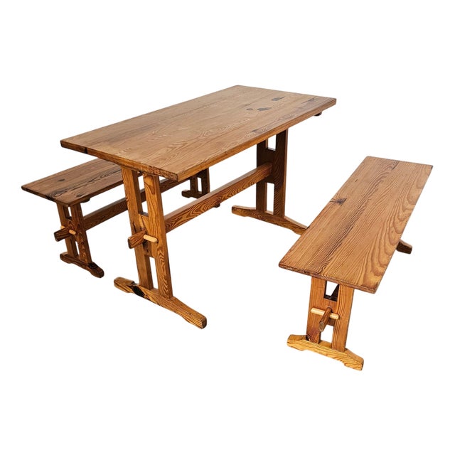 Scandinavian Modern Pinewood Benches and Dining Table, 1970s, Set of 3 For Sale