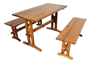 Scandinavian Modern Pinewood Benches and Dining Table, 1970s, Set of 3