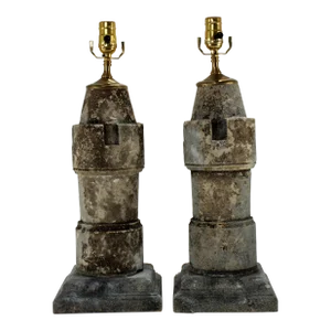 Early 20th Century Rook Shaped Carved Stone Table Lamps—A Pair