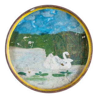 Vintage Folk Art Swan Painting on Round Tin Lid For Sale