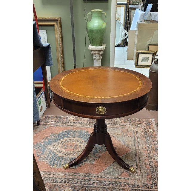 Burnt Orange Fine 1940s Leather Top Drum Table Brass Lion Feet For Sale - Image 8 of 9