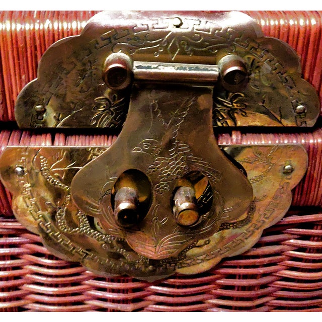 Wood Late 20th Century Ruddy Wicker Brass Campaign Trunk & Blanket Chest For Sale - Image 7 of 9