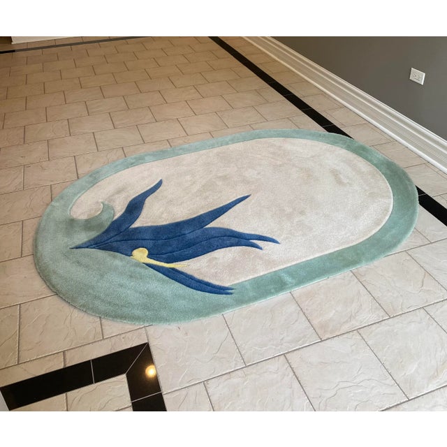 Unique Vintage Wool Art Deco Oval Area Rug. Recently cleaned. Sea Foam Green, Lemon Yellow and Royal Blue. 78.5” long x...
