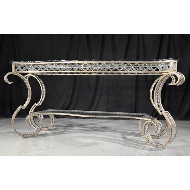Hollywood Regency Iron Glass Top Console Table With Scrollwork Legs and Crystal Beading For Sale - Image 9 of 10