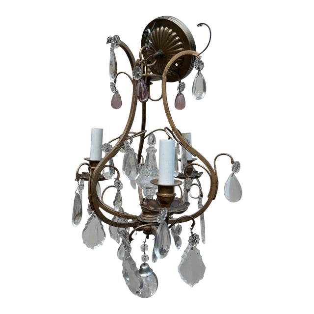 1930s Petite Brass and Crystal Chandelier For Sale