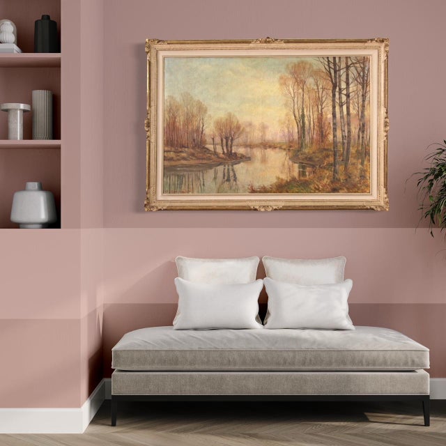 Italian painting from the mid-20th century. Oil on canvas artwork, first canvas, depicting an autumnal view, countryside...