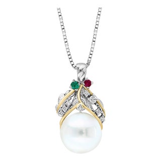14mm South Sea Cultured Pearl & Diamond 18 K Gold Two Tone Pendant + Chain 14 KG For Sale