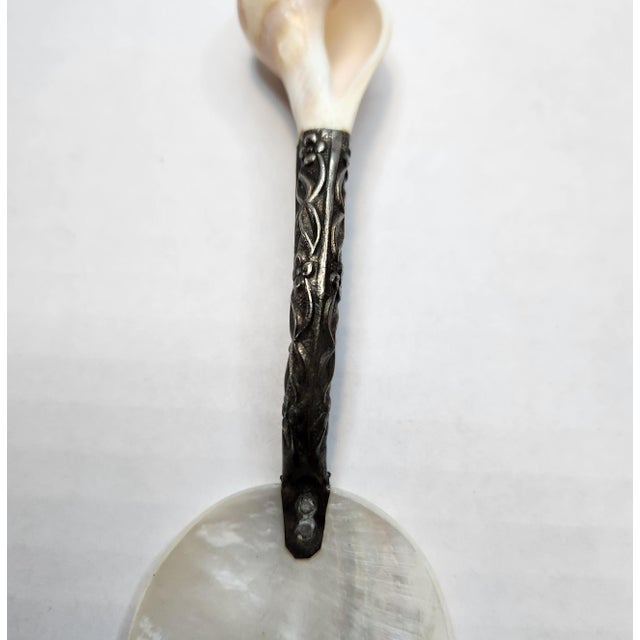 Mid-20th Century Coastal Mother of Pearl & Whelk Shell Caviar Spoon - Ornate Handle For Sale - Image 4 of 8