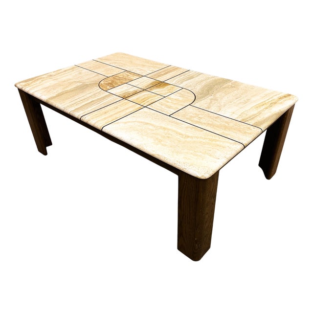 Travertine Coffee Table with Sculptural Top and Oak Base, 1970s For Sale