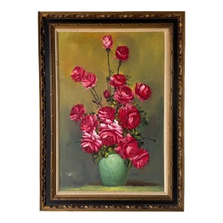 1970s Vintage Roses in Green Vase - Still Life Oil on Canvas Painting by Danny For Sale