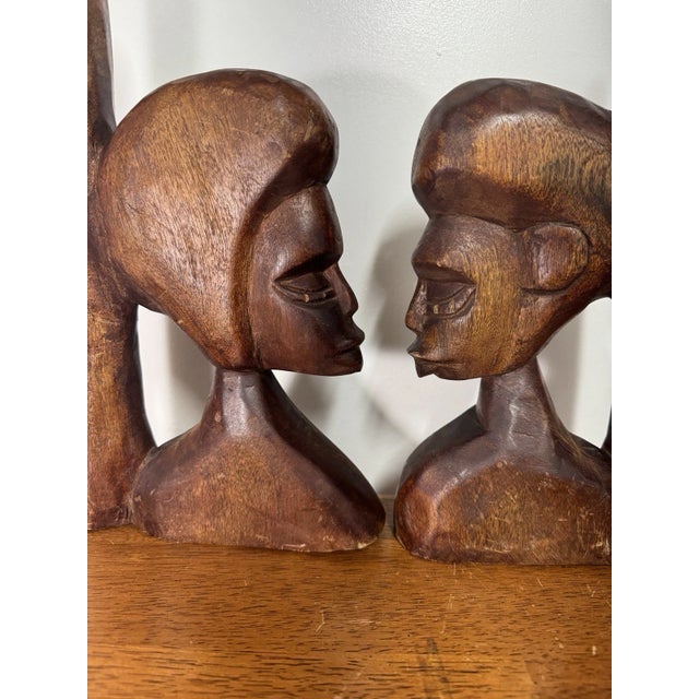 Vintage African Hand Carved Wood Couple Bust Bookends Tribal Folk Art 12" For Sale - Image 10 of 15
