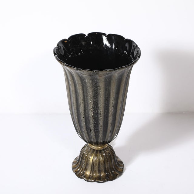 1940s Art Deco Hand-Blown Murano Fluted Black Glass Up-Lights W/ 24kt Gold Flecks For Sale - Image 5 of 14
