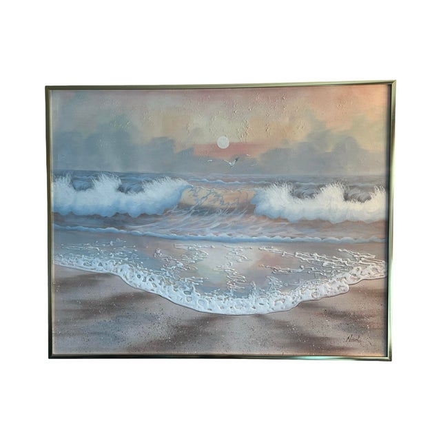 Postmodern Vintage Postmodern 1970 Large Canvas Oil Ocean Painting Wall Art Pink Signed Nicol For Sale - Image 3 of 11