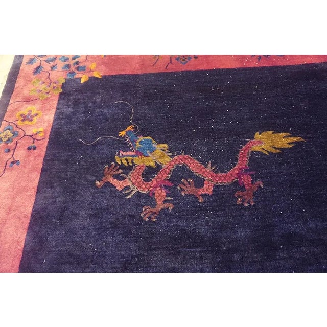 1920s Blue Navy Floral Animal Antique Chinese Art Deco Carpet 9' X 11'6" Knotted Wool Rug For Sale - Image 10 of 15