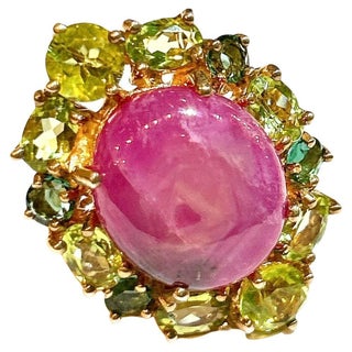 Bochic “Orient” Star Ruby & Green Perridot Cocktail Ring 18K Gold & Silver, Size 4.5 For Sale