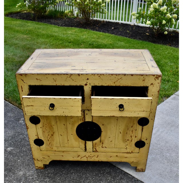 Chinese Wood Painted Cabinet Ming Style Distressed Yellow For Sale - Image 11 of 16