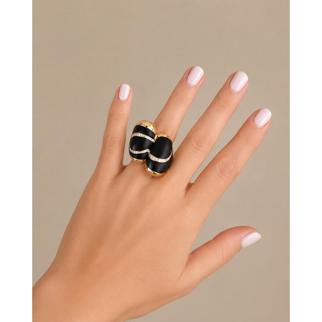 Circa 1990 Italian 18k Gold Ebony Wood and Diamond Statement Ring, Size 7.5 For Sale - Image 12 of 13