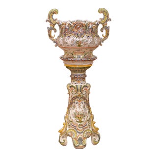 Early 20th Century French Desvres Faience Jardinière on Pedestal For Sale