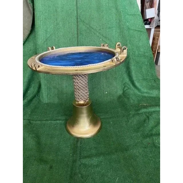 Custom Made Port Hole Side Table With a Bell & Rope Base & Blue Swirl Stained Glass Table Top Insert. Actual Port Hole...