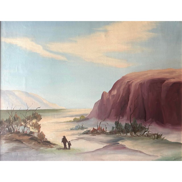 A striking American Southwestern landscape painting depicting an expansive desert vista with towering red rock formations,...