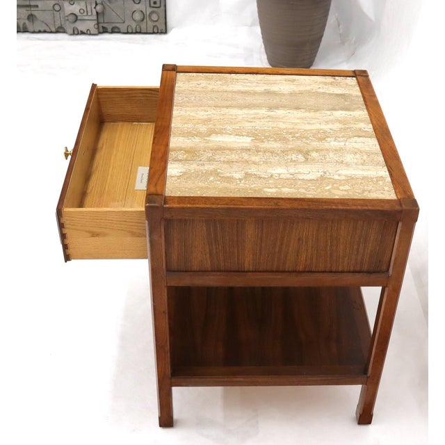 Mid-Century Modern Late 20th Century John Widdicomb Solid Walnut Oak Interior Travertine Top End Table Stand For Sale - Image 3 of 16