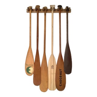 Set of 6 Vintage Canoe Paddles W/Holder For Sale