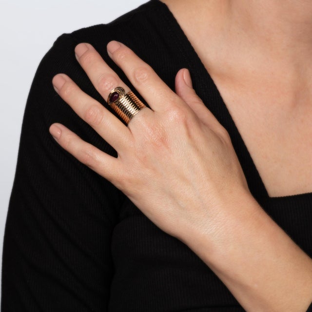 Metal Antique Victorian Extra Wide Snake Ring 14k Rose Gold Garnet Sz 7 Fine Jewelry For Sale - Image 7 of 7