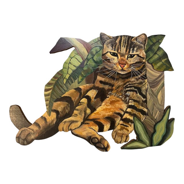 Vintage Original Painting Tabby Cat With Plants For Sale