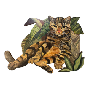 Vintage Original Painting Tabby Cat With Plants