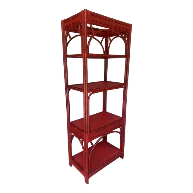 Vintage Rattan Etagere Bookcase in Vermillion Red Faux Tortoise Shell Finish - Newly Painted For Sale