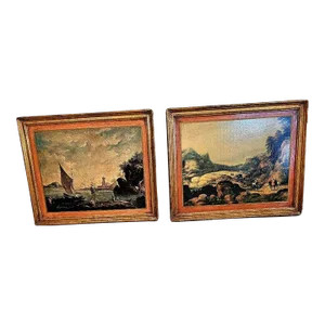 Venetian Decoupaged Landscape Prints on Board -A Pair