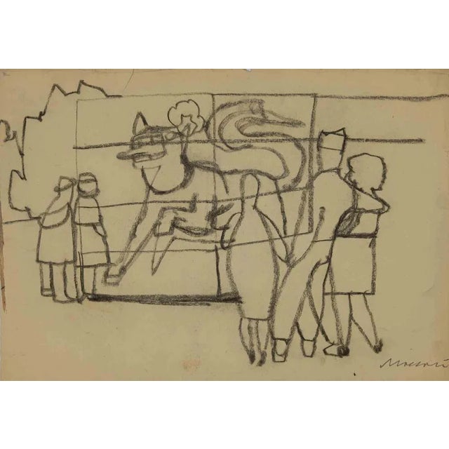 At the Zoo is an original Charcoal Drawing realized by Mino Maccari in mid-20th century. Good condition on a yellowed...