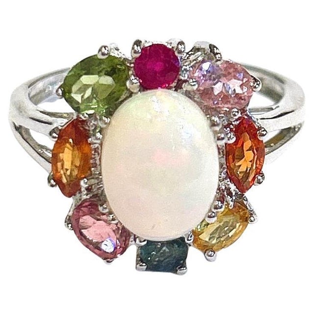 Bochic “Orient” Vintage Opal, Ruby, Tourmaline & Multi Sapphire Cocktail Ring Set in 18K White Gold & Silver — A Jewel of...