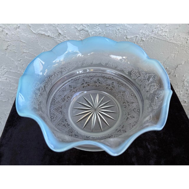 Antique American Blue Opalescent Ruffled Glass Bowl With Grape & Leaf Motif For Sale - Image 4 of 7
