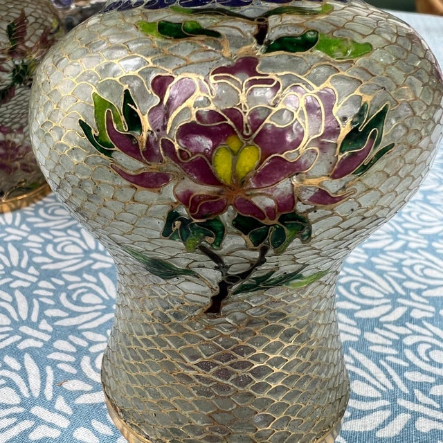Pair of antique Plique-a-jour cloisonne vases with colorful transparent enamel // Chinoiserie // enamelware // enameled // Asian art For Sale In Kansas City - Image 6 of 10